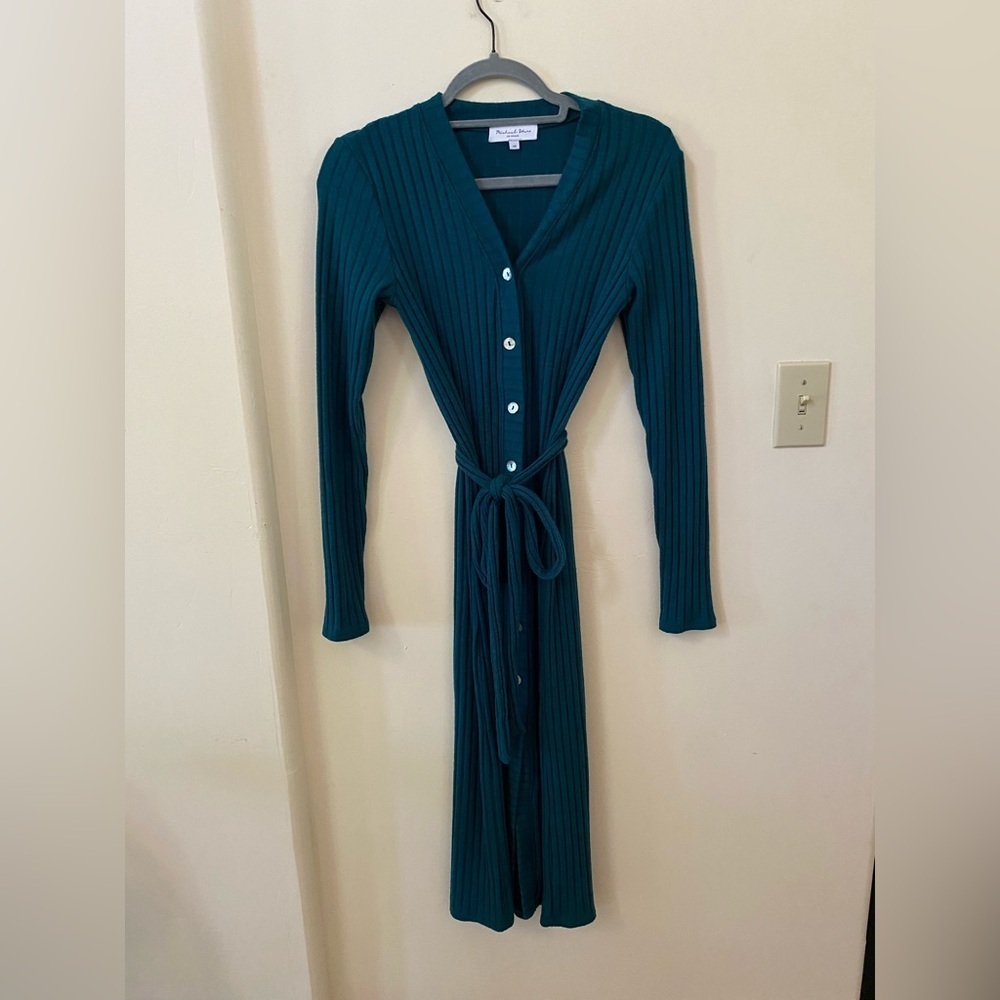 Michael Stars Los Angeles Teal Isa Ribbed Long Button Front Cardigan Belted XS